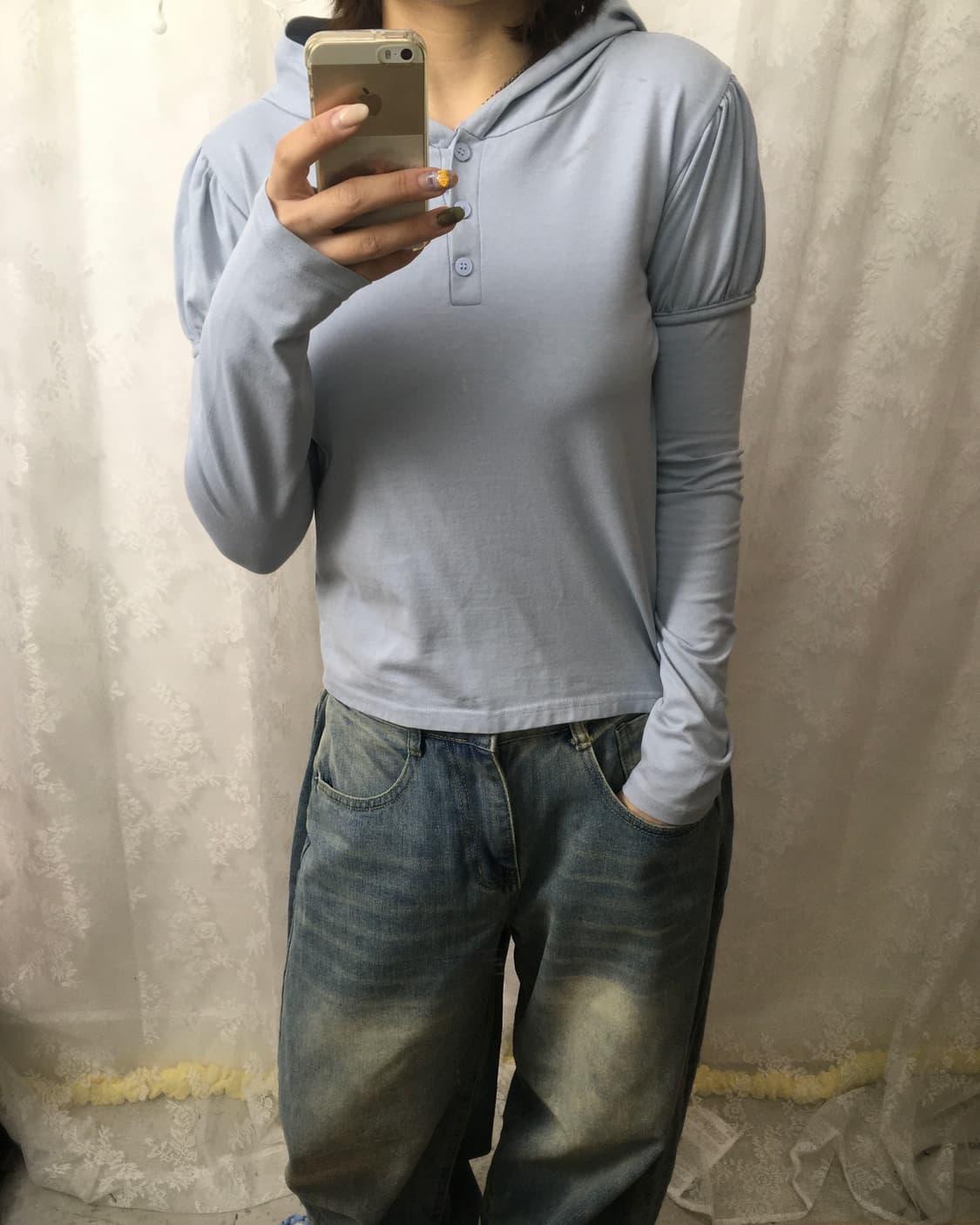 Powder Blue Puff Sleeve Cropped Hoodie 상품이미지7