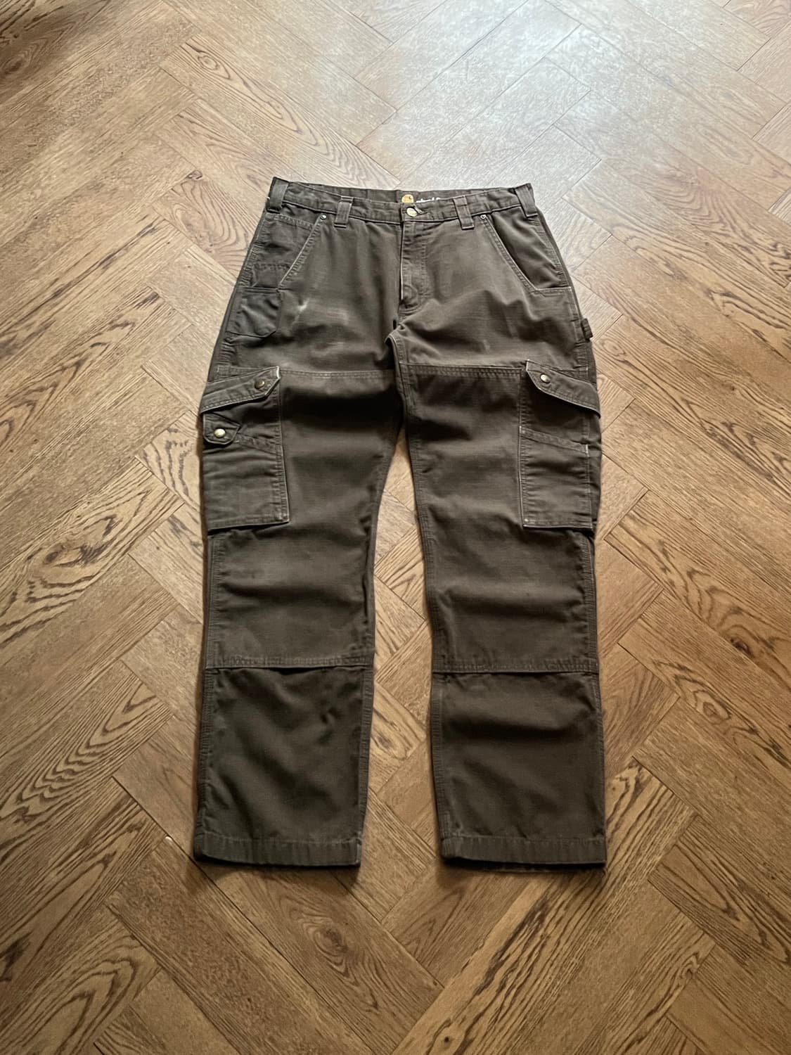 [33]칼하트 USA 빈티지 워싱 다크커피 립스탑 더블니 워크 카고 팬츠 상품이미지1