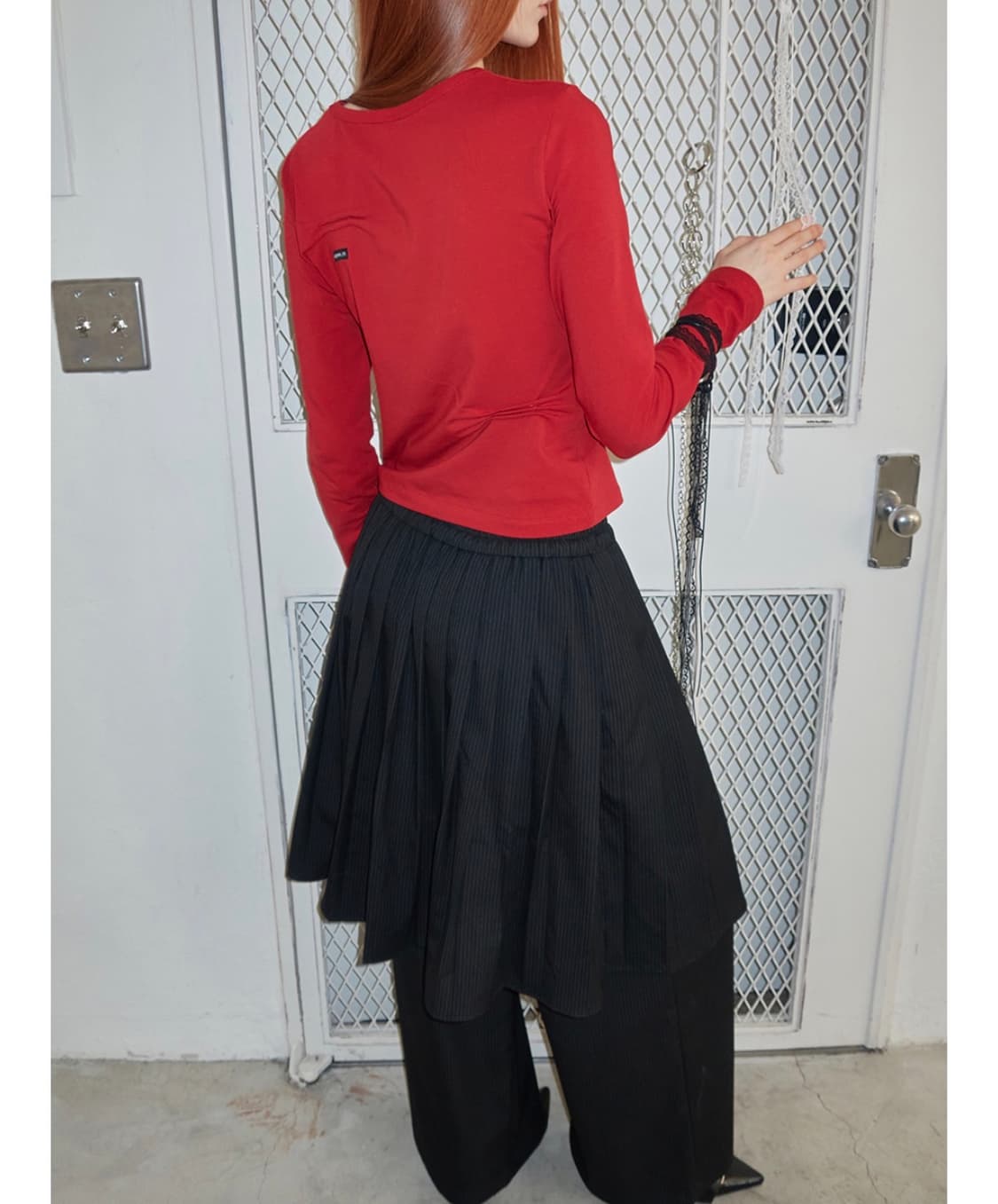 렌세 rense 스트라이프 플리츠 스커트 레이어드 팬츠 블랙  상품이미지3