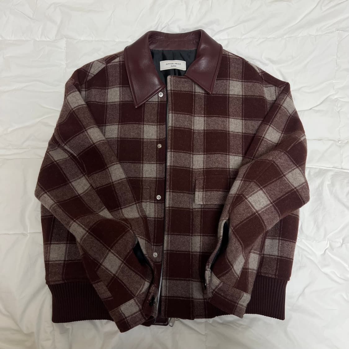 애프터프레이 레더 칼라 체크 울 블루종 버건디 M 상품이미지1