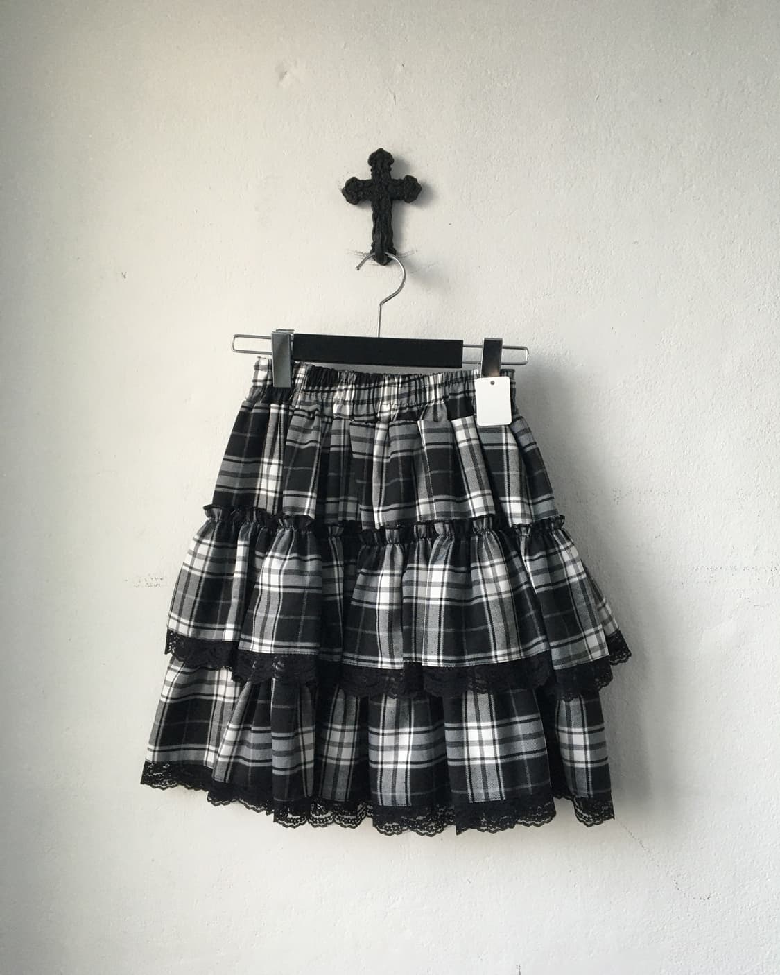 Lace trimming check pattern layer skirt 상품이미지1