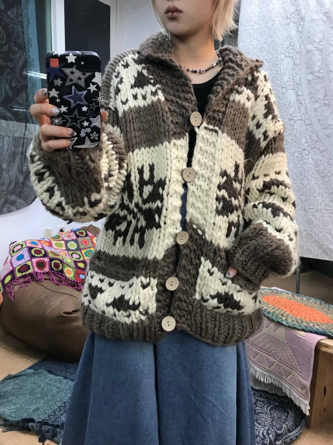 빈티지 코위찬 브라운 배색 니트 가디건  상품이미지1