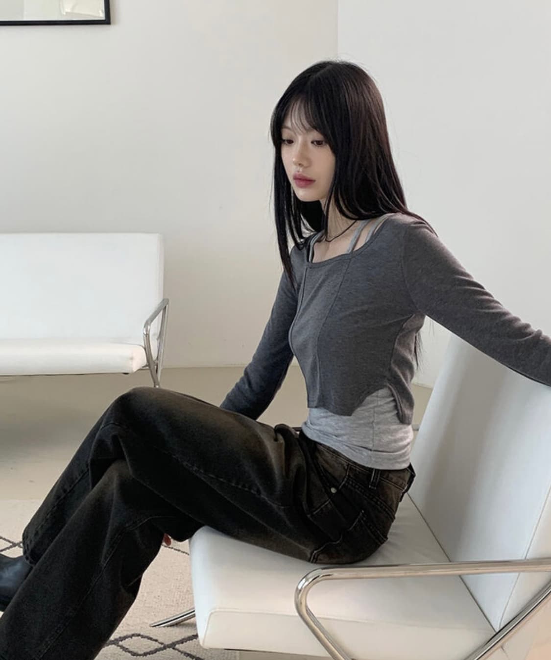 원더원더 절개 트임 기모 크롭 레이어드 긴팔 티셔츠 상품이미지2