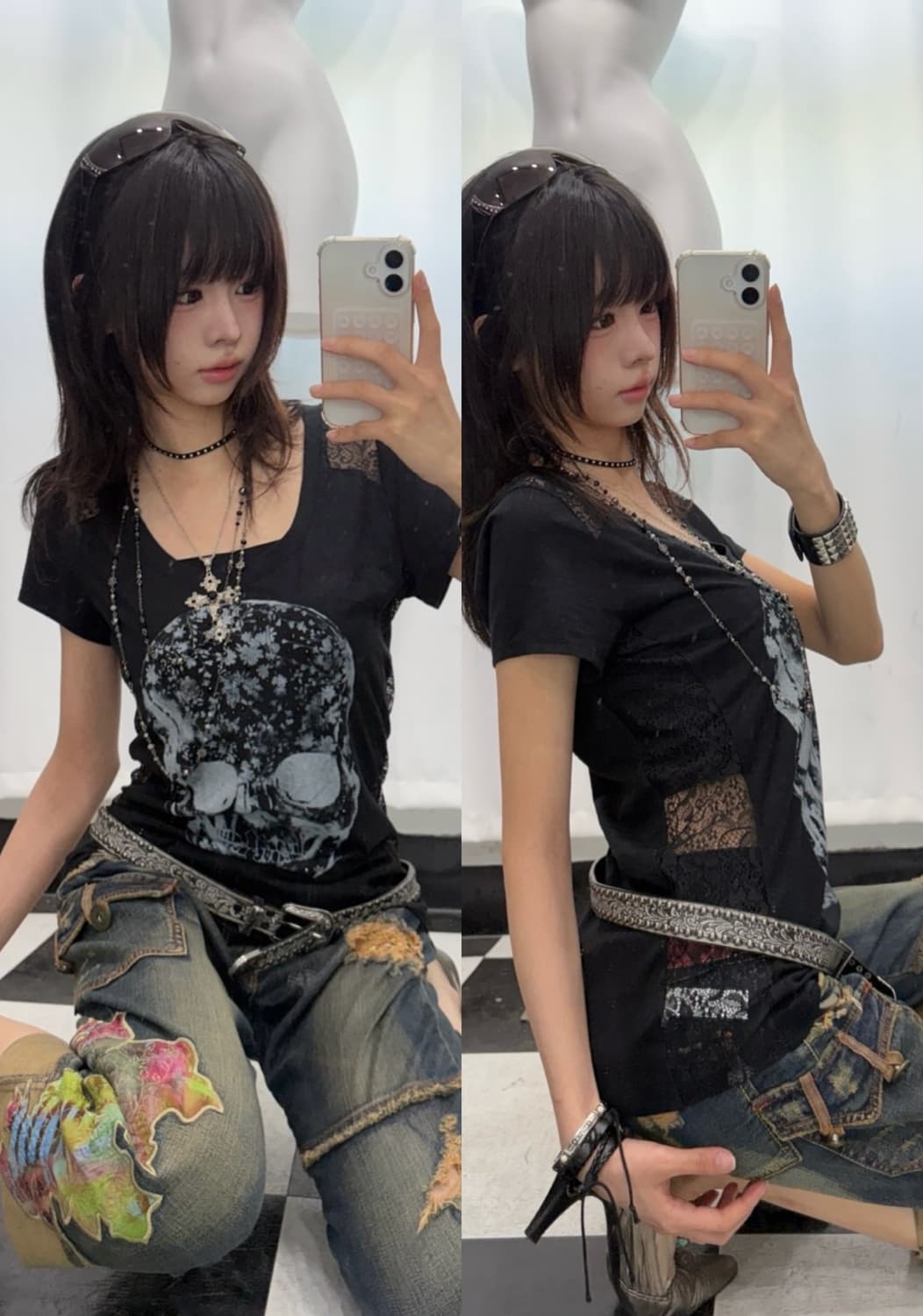 🎸블랙 스컬 프린팅 레이스 디테일 티셔츠🎸 상품이미지1