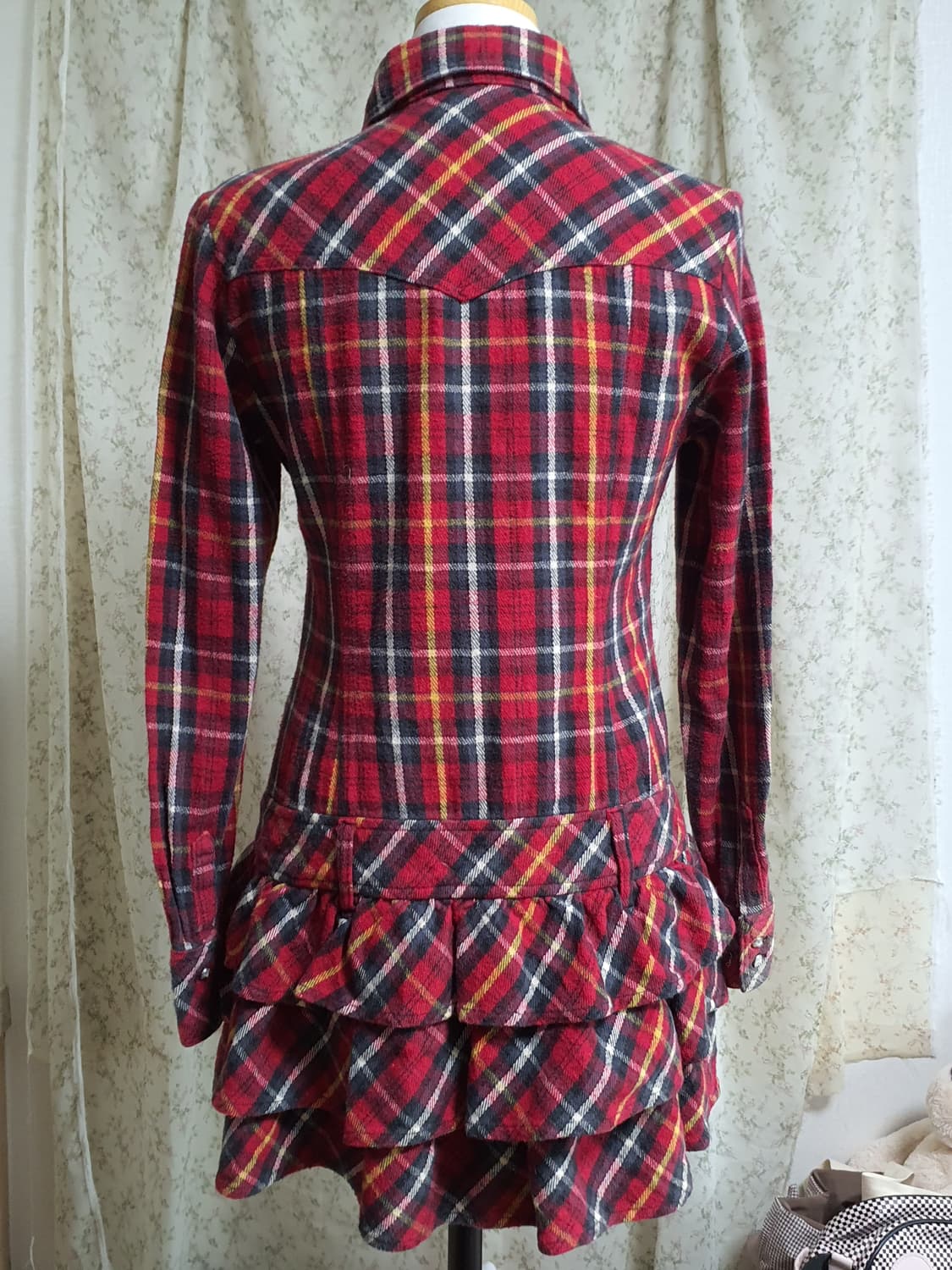 [일본빈티지] 캐캐체 아무깔 레드 체크 프릴 롱 셔츠 원피스 상품이미지5