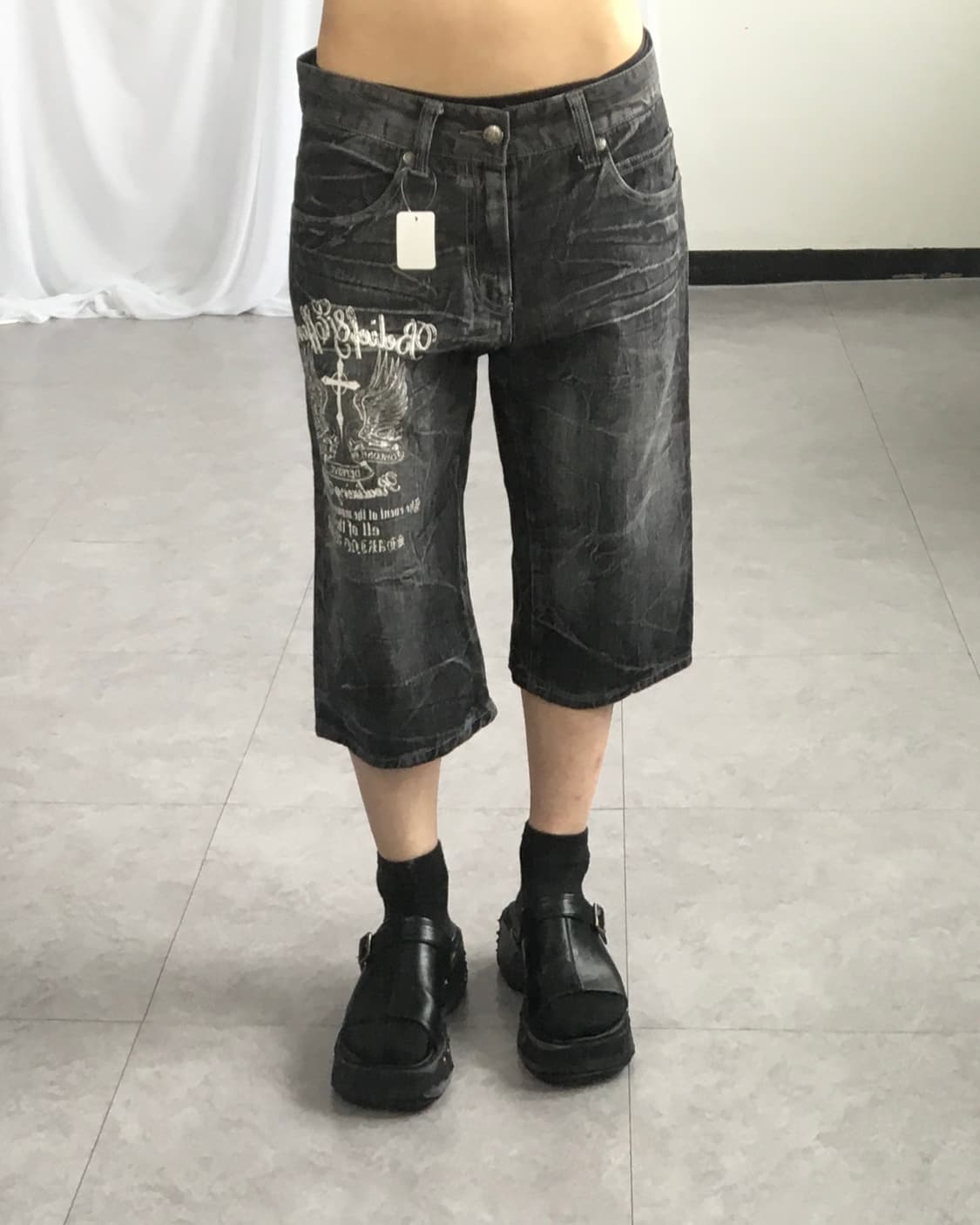 Printing washing denim half pants 상품이미지1