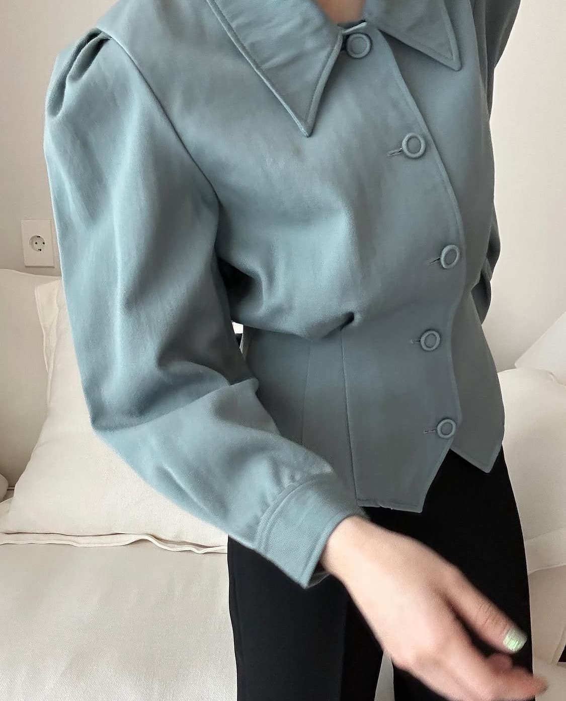 빈티지 ) 딥민트 퍼프 울 블라우스 상품이미지2