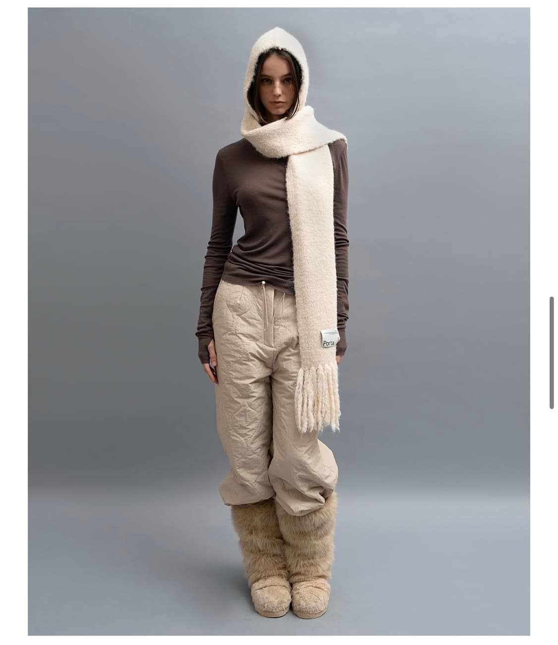 더포르타 로고 라벨 니트 롱 후드 머플러 상품이미지1