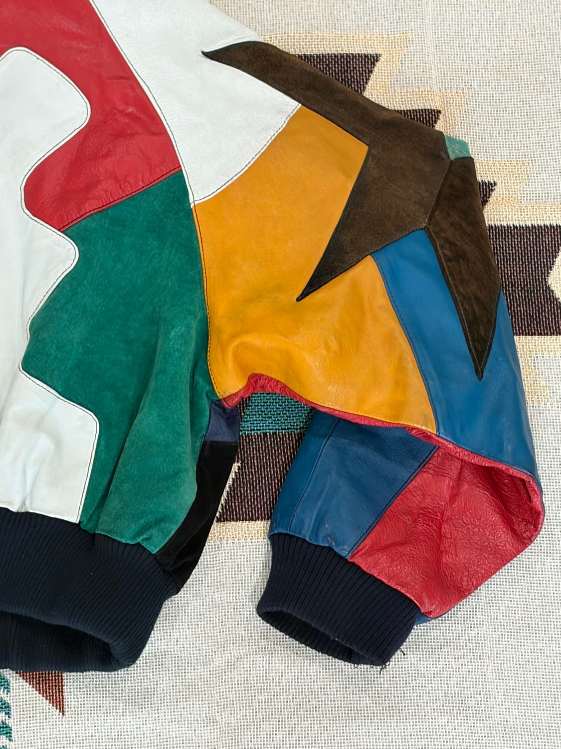 90s Cougar 크롭 레더 패치워크 봄버 블루종 자켓 상품이미지6