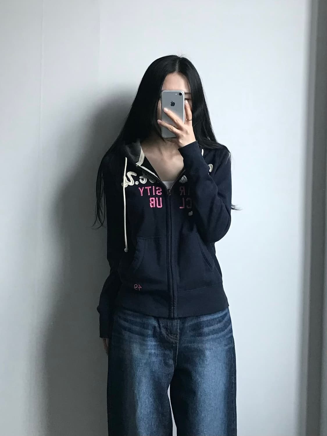 후아유 y2k 와투케 네이비 후드집업 상품이미지1