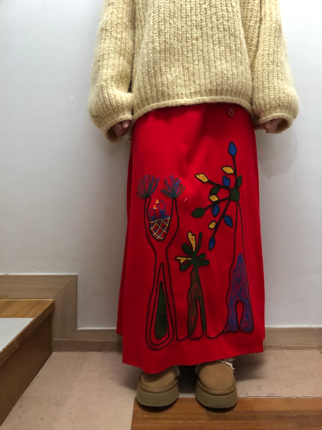 빈티지 레드 오리엔탈 버튼 롱 스커트 상품이미지3