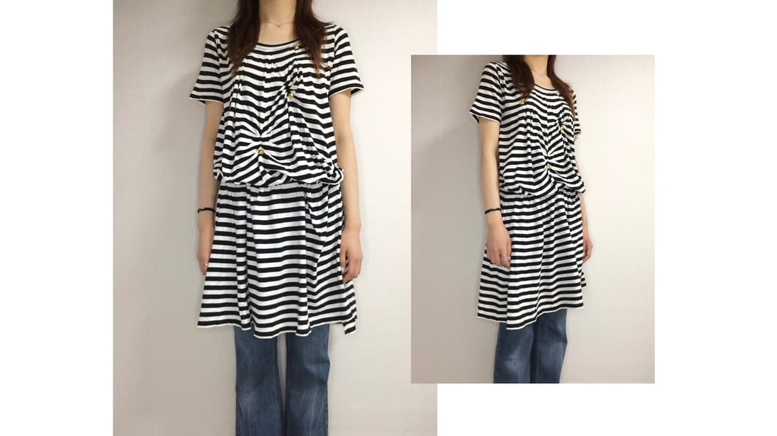 스나오쿠와하라 블랙 스트라이프 셔링 원피스 상품이미지1