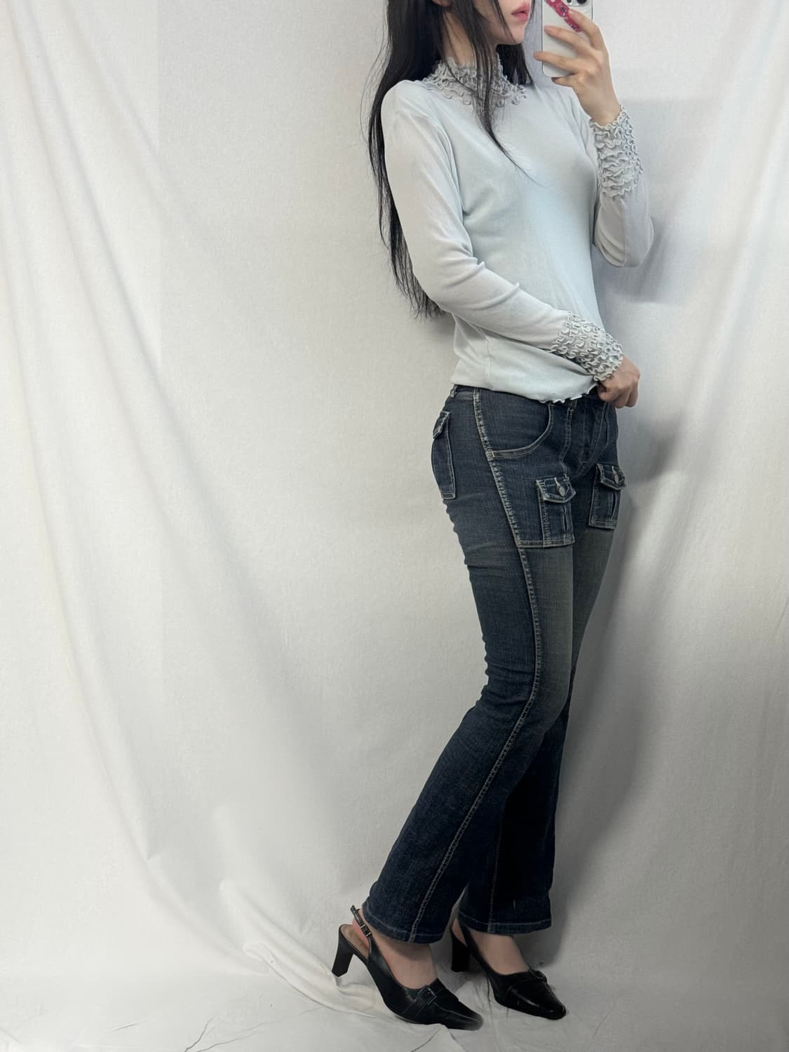 프릴 메쉬 폴라 넥 블라우스 상품이미지5