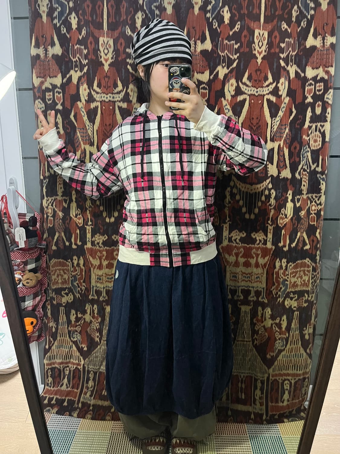 Anti label 핑크 타탄 체크 후드집업 상품이미지1