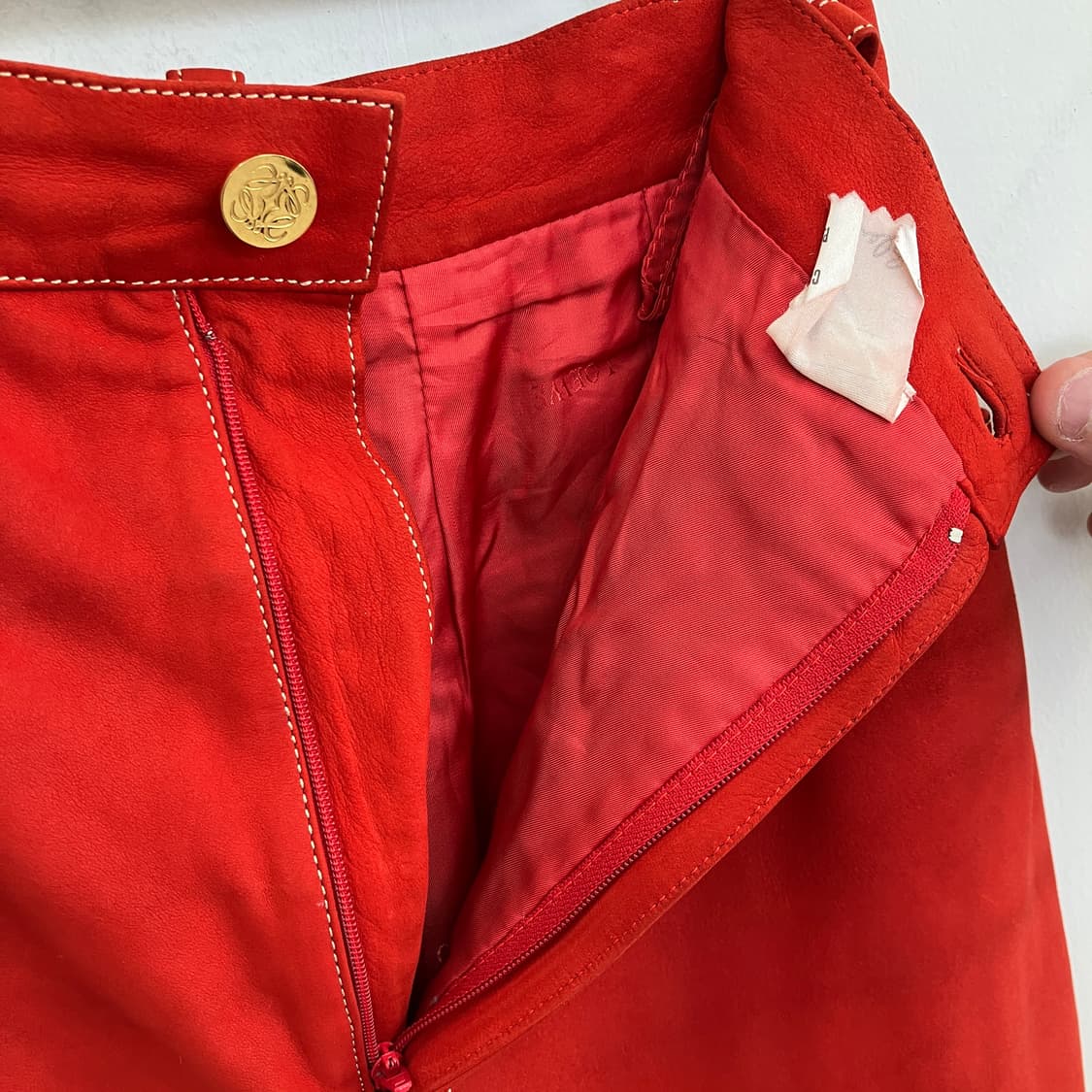 올드 로에베 레드 누벅 스웨이드 레더 미디 스커트 상품이미지6