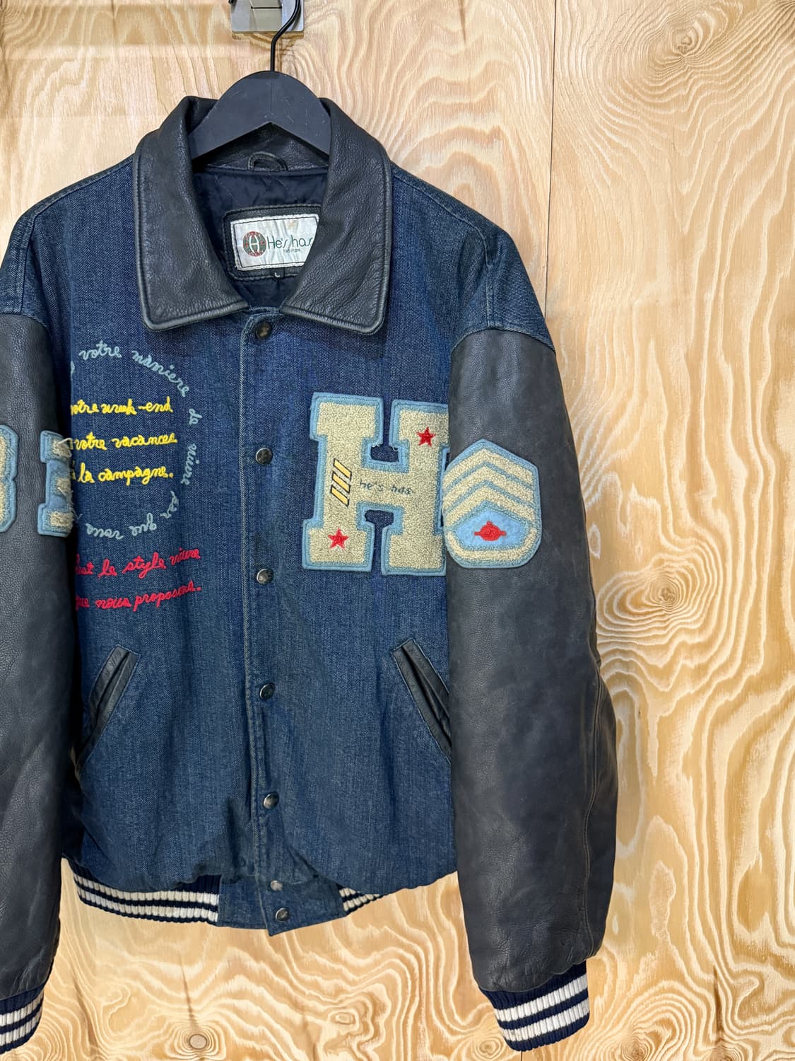 히즈해즈 데님 레더 체인 스티치 바시티 자켓  상품이미지4