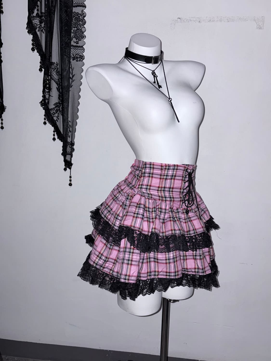 고스로리 핑크 체크 갸루 코르셋 프릴 스커트 고딕 로리타 히메갸루 상품이미지2