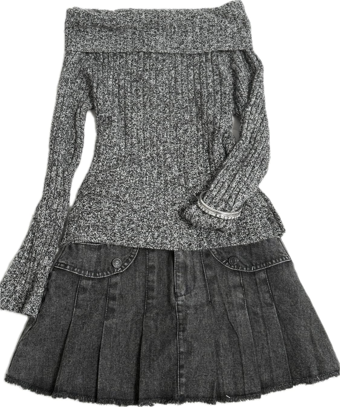 black y2k set 와이투케이 블랙 오픈숄더 니트 코디 세트 상품이미지2