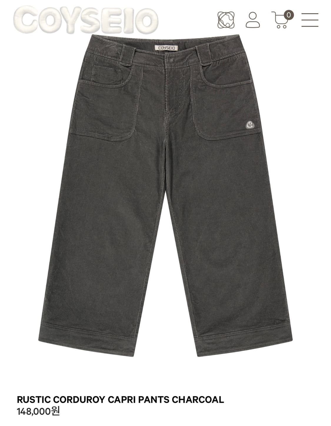 코이세이오 코듀로이 카프리 팬츠 차콜 상품이미지1
