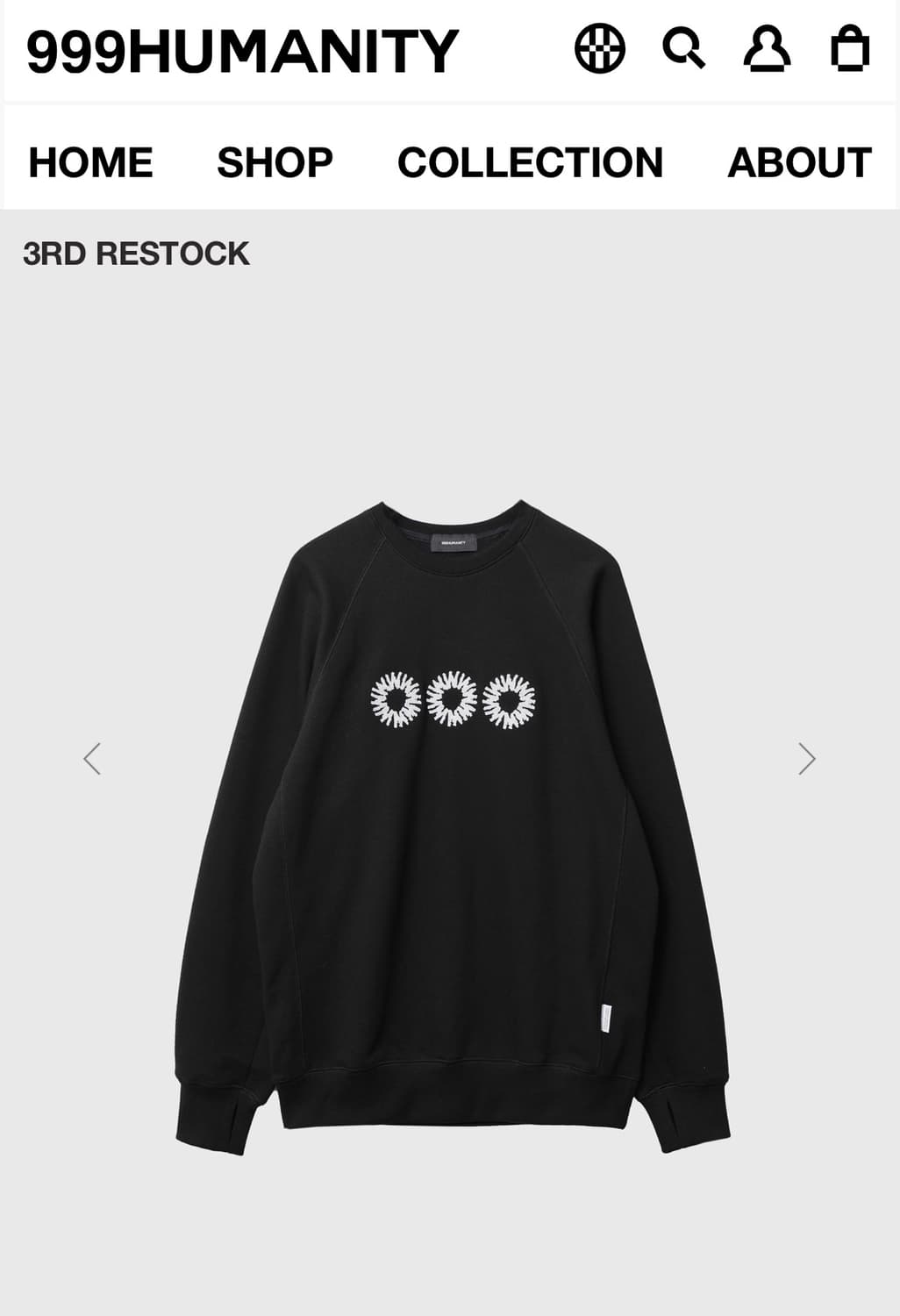 999 휴머니티 스웻 맨투맨 블랙 상품이미지1