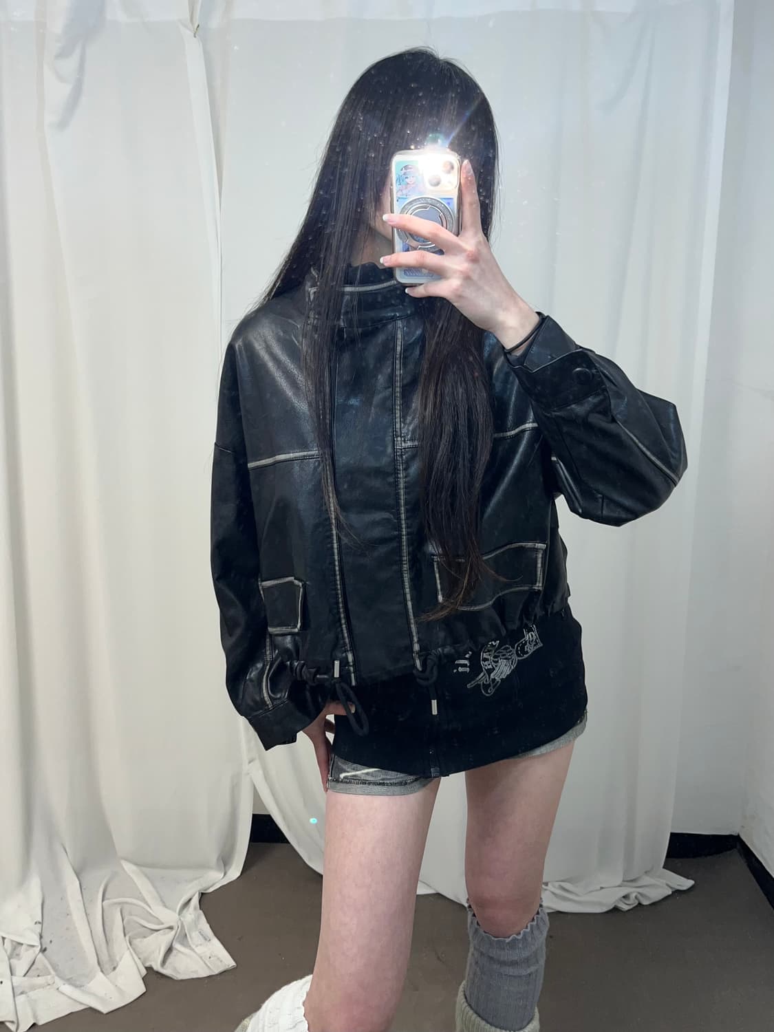 블랙 워싱 버튼 레더 자켓 상품이미지5