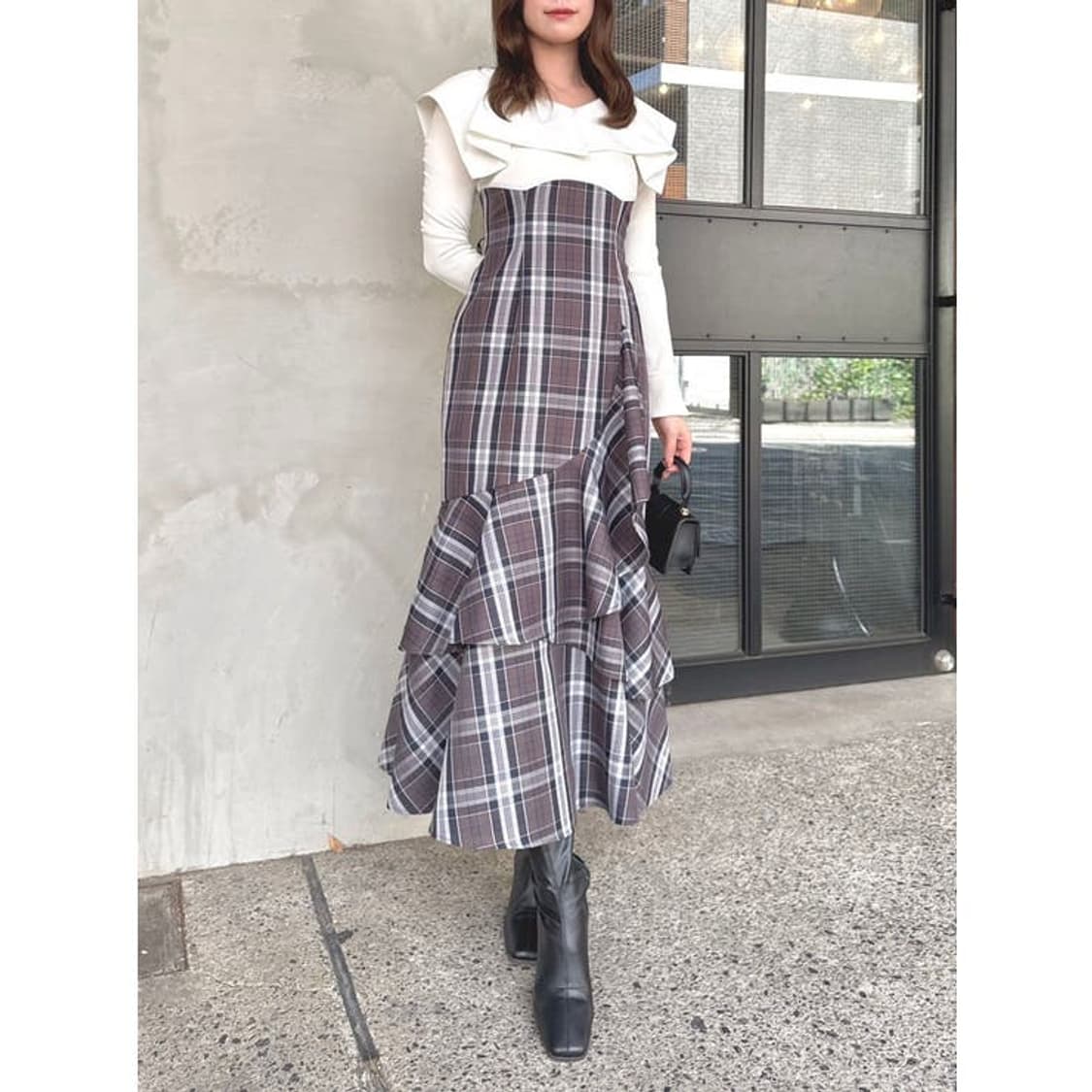 일본 빈티지 일브 브랜드 체크 회색 원피스 스나계 상품이미지4