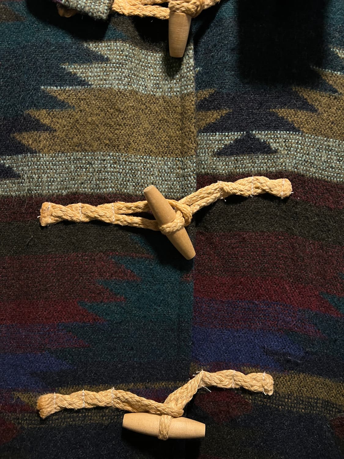 [M]90's JPN 빈티지 네이티브 패턴 울 후드 더플 코트 상품이미지3