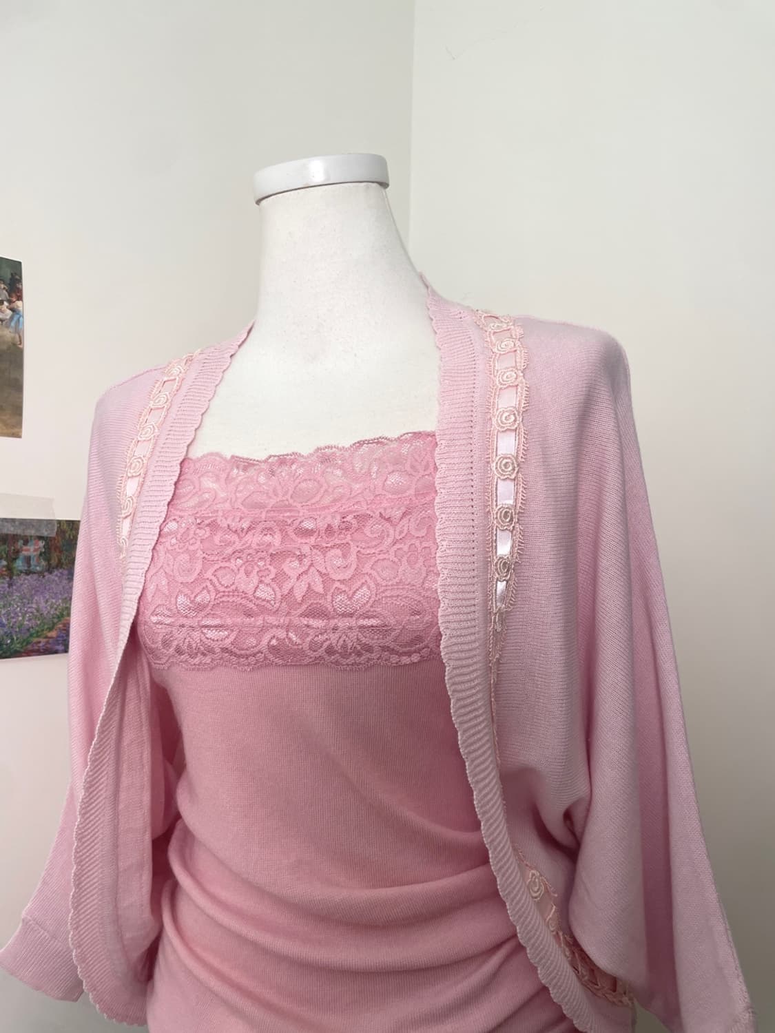 pink lace trim open cardigan&lace sleeve 상품이미지7