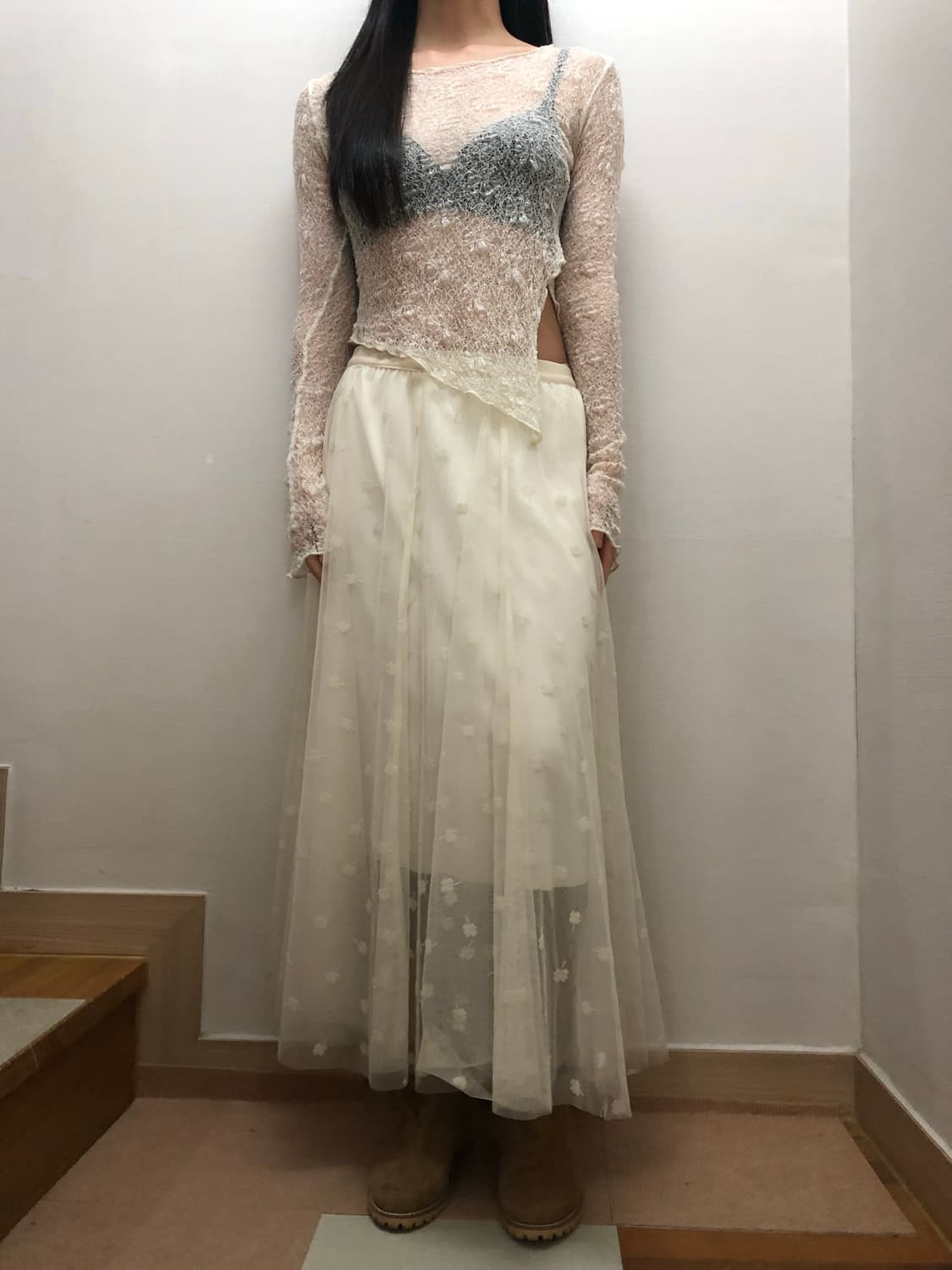 빈티지 화이트 클로버 레이스 롱 스커트 상품이미지4