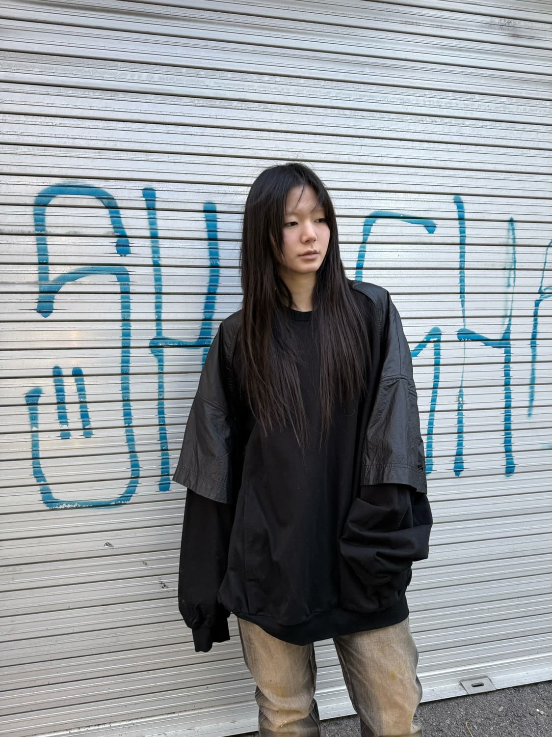 준지 블랙 나일론 레이어드 스웻셔츠 상품이미지4