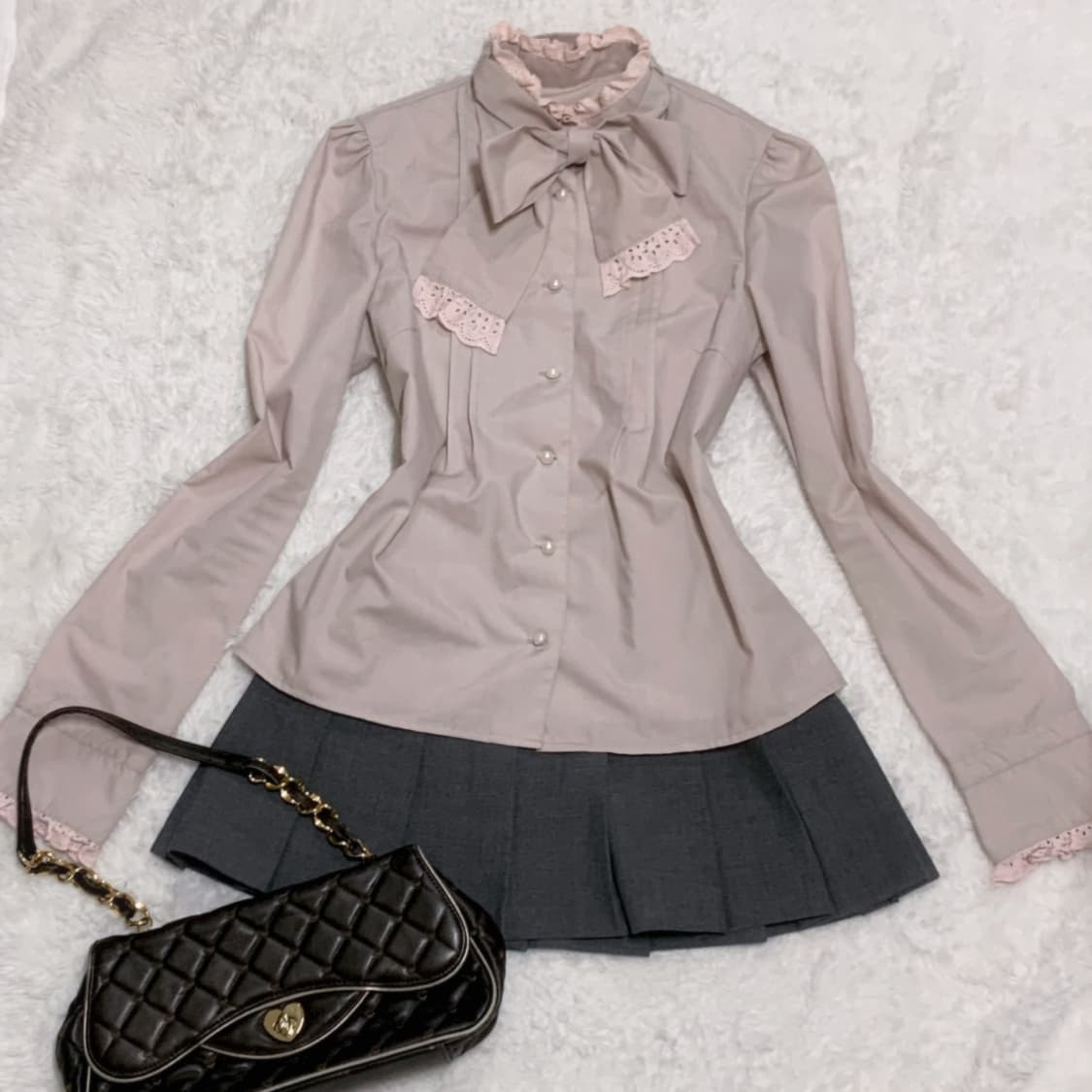 앙크루즈 리본 프릴 블라우스 양산형 히메갸루 로걀 빈티지 달천깔 상품이미지1