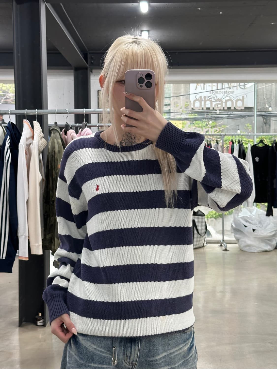폴로 랄프로렌 스트라이프 네이비 화이트 긴팔 니트 상품이미지1