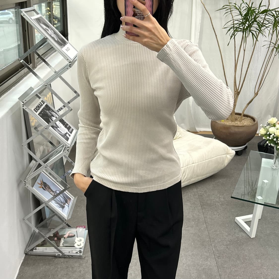 유니클로 아이보리 골지 하프넥 니트 베이직 이너웨이 상품이미지3