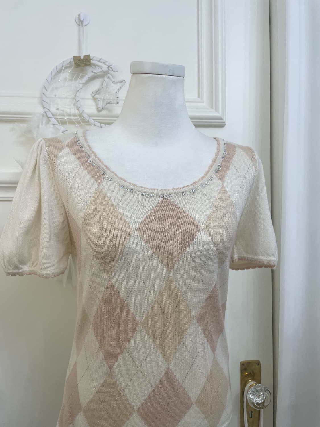 pink beige puff sleeve gold glitter knit 상품이미지5