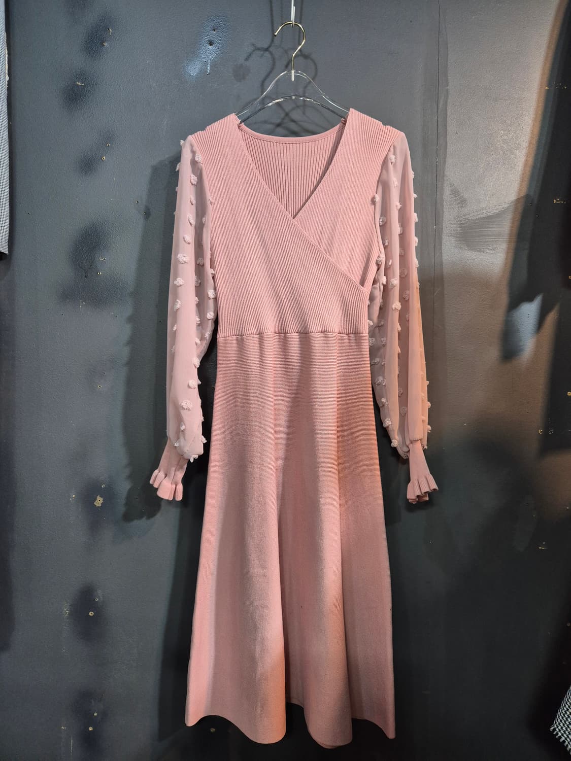 핑크 니트 롱 원피스 시스루 도트 소매 S 상품이미지1