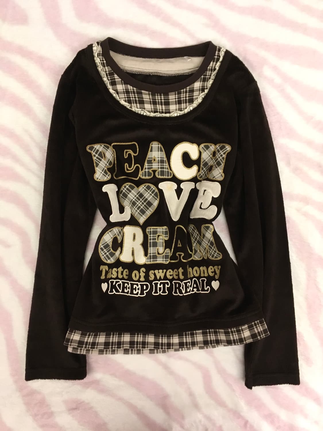 헤이세이 블랙벨벳 그레이체크 레이어드 롱슬리브 탑 티셔츠 갸루 조지후쿠 상품이미지1