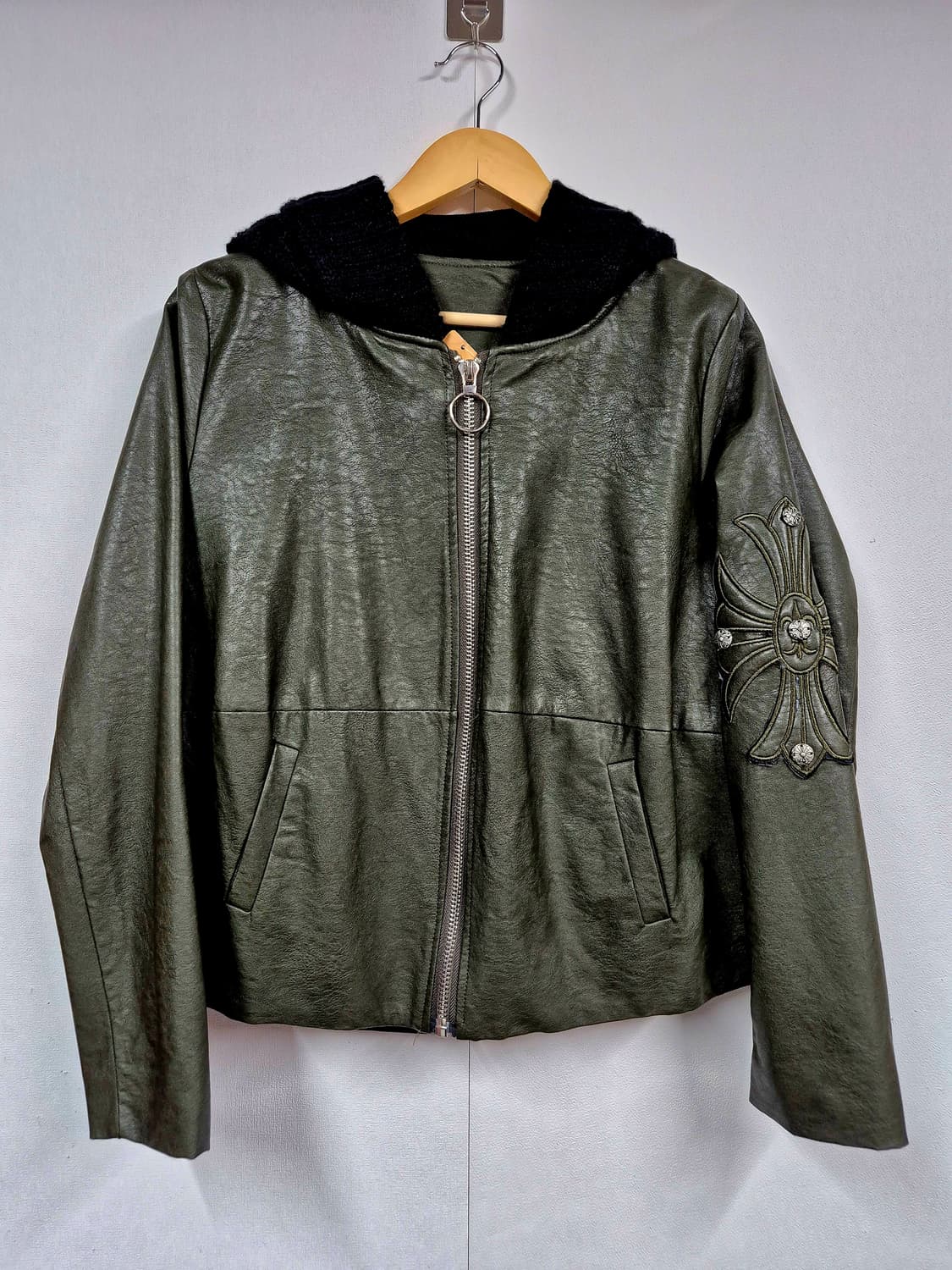 공용 크롬장식 니트후드 춘추  가죽자켓 상품이미지1