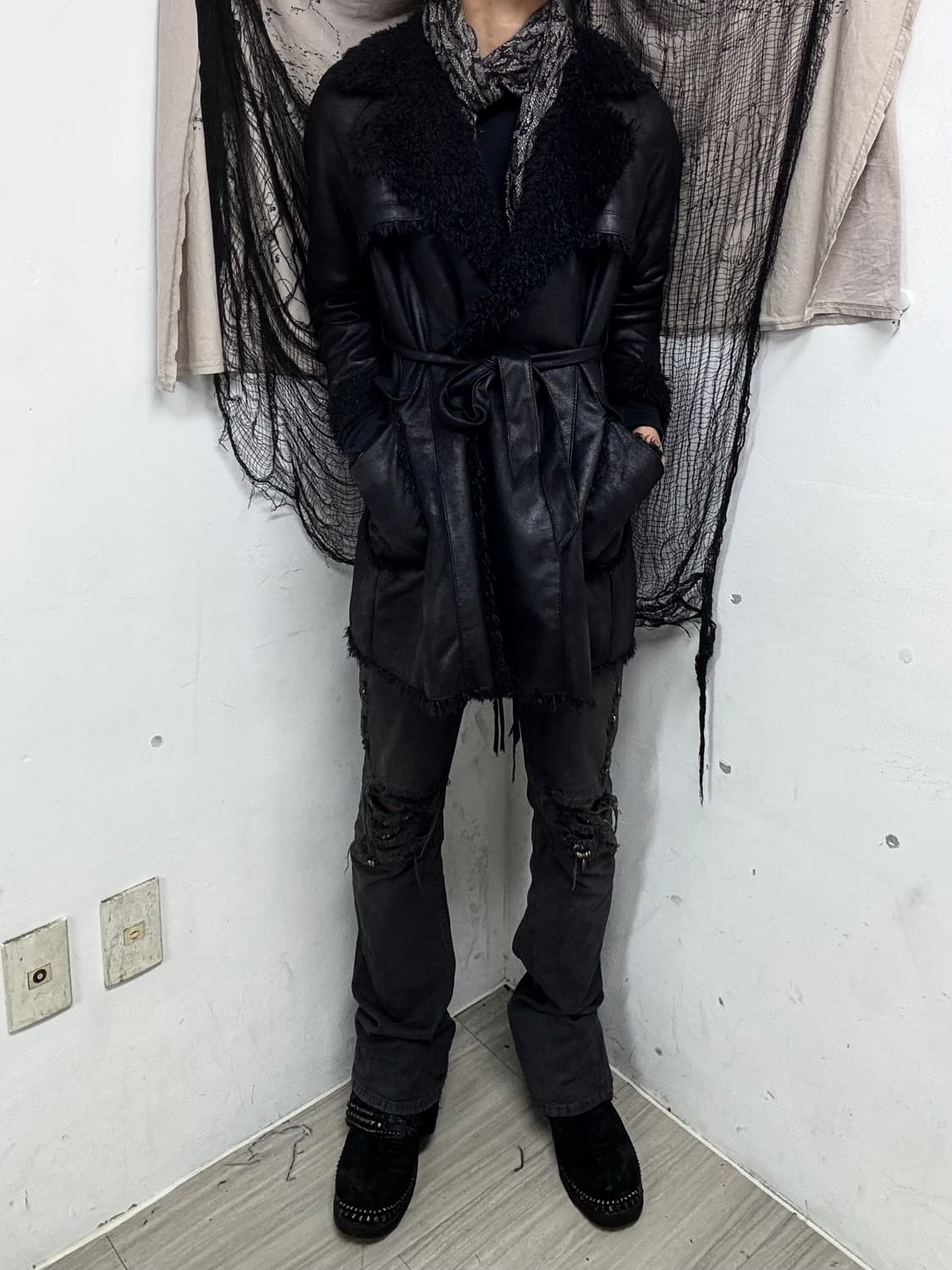 Black Fur Trimming Chic Long Jacket 상품이미지7