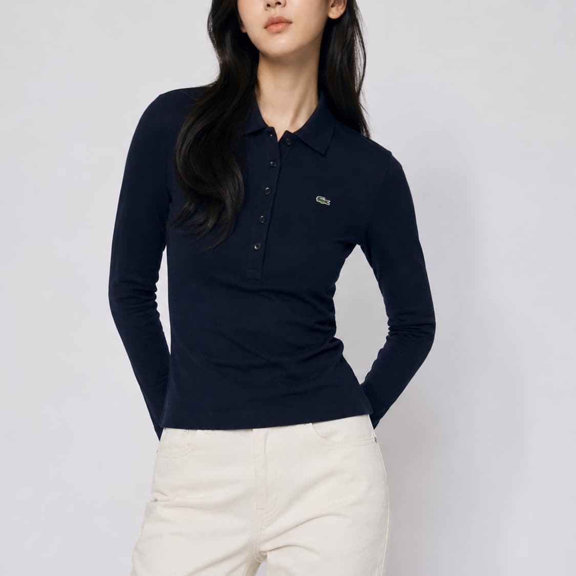 [L] Lacoste 라코스테 우먼즈 네이비 슬림핏 긴팔 카라티 상품이미지3