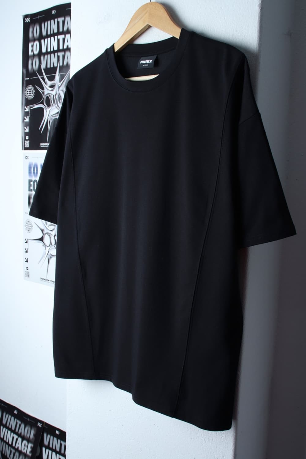 (M-2XL) 나인제트 반팔 티셔츠 오버핏 블랙 무지-H31388 상품이미지1