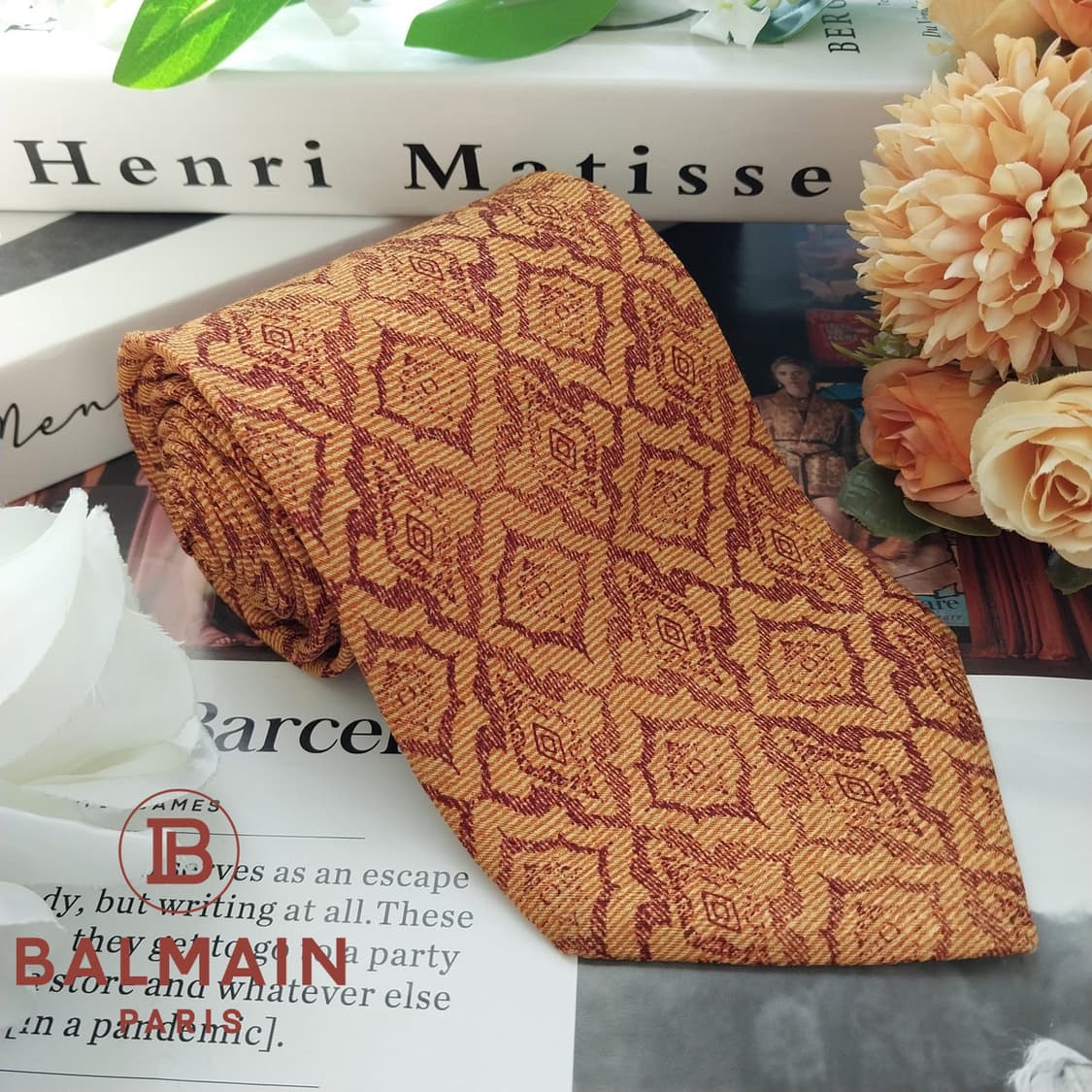 피에르 발망 실크 오렌지 기하 패턴 넥타이 9.5cm A+등급 K1670 상품이미지3