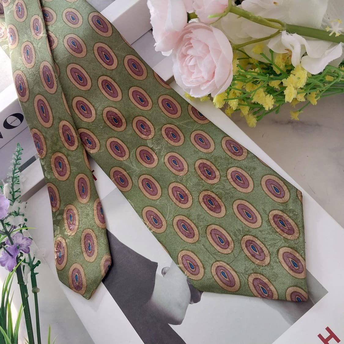 올도쿄보이 실크 그린 플라워 자카드 넥타이 8.7cm A+등급 K1314 상품이미지2