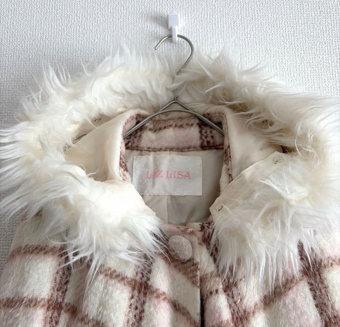 리즈리사 고전 딸기초코체크 00s 대대장 케이프 판초 코트 상품이미지2