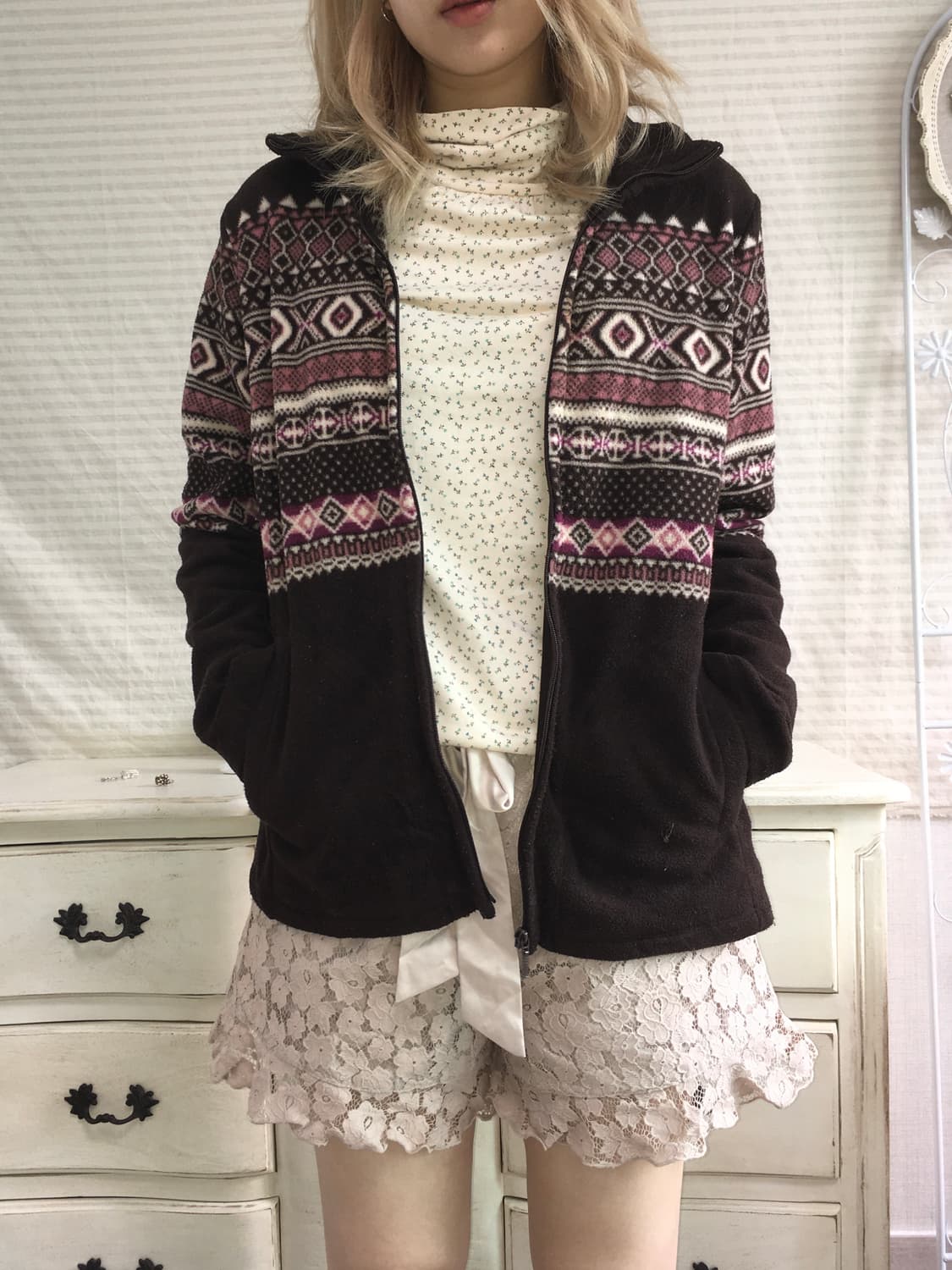 jpn vintage pink brown fleece nordic zip 상품이미지2
