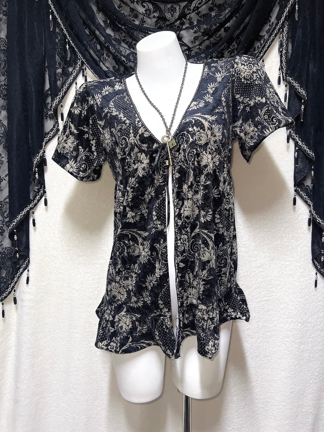 오리엔탈 페어리그런지 빈티지 플라워패턴 벨벳 로브가디건 핀터 고딕 고스 상품이미지7