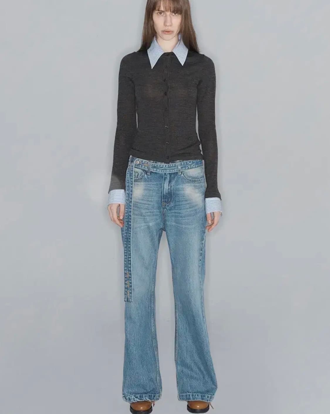 Openyy BELTED LOOSE BOOTCUT JEAN, BLUE 상품이미지1