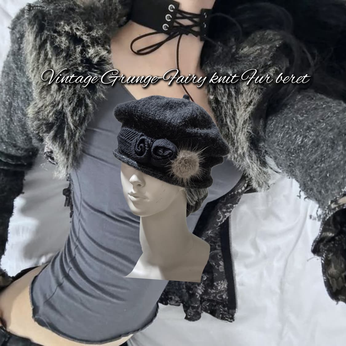 Vintage Grunge-Fairy knit Fur beret 상품이미지1