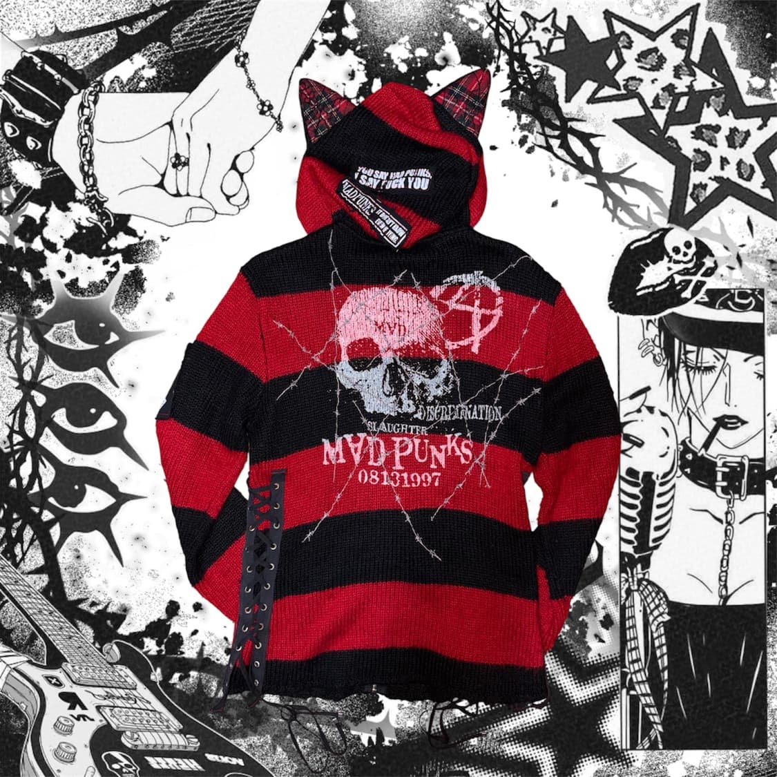 매드펑크 네코미미 스트라이프 니트 후드집업 상품이미지2