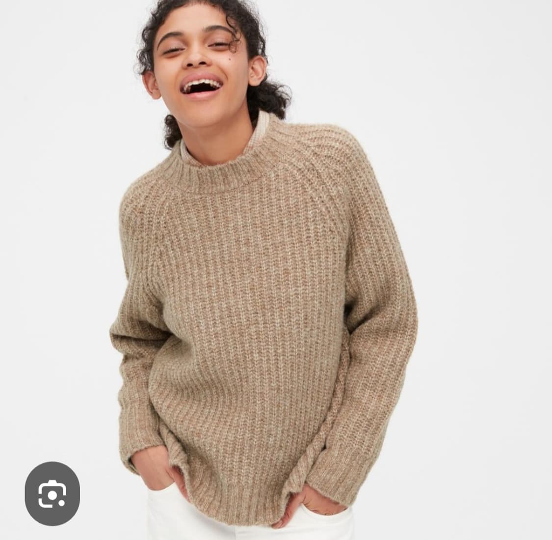 유니클로 로우게이지 모크넥 스웨터 M 테디베어 베이지 헤어리니트 상품이미지3