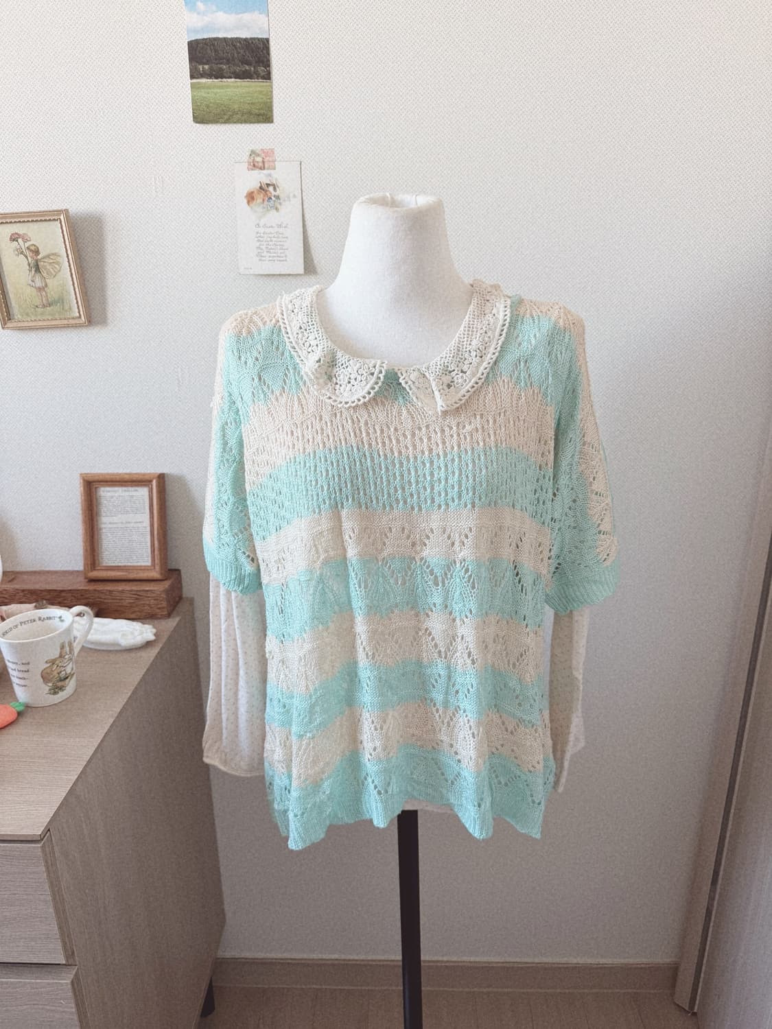 아오이유우 핑크도트티셔츠+그물니트 레이어드 세트 상품이미지1